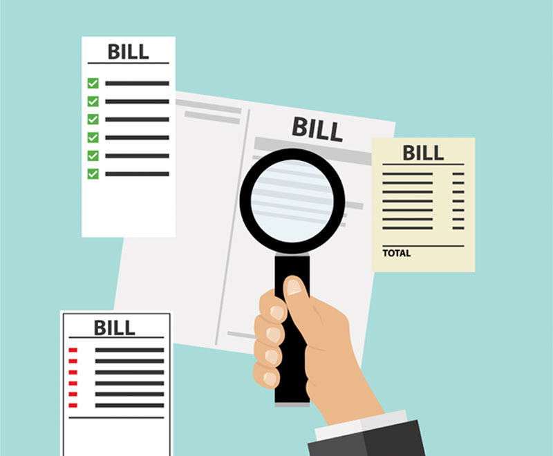 Illustration of magnifying glass and bills