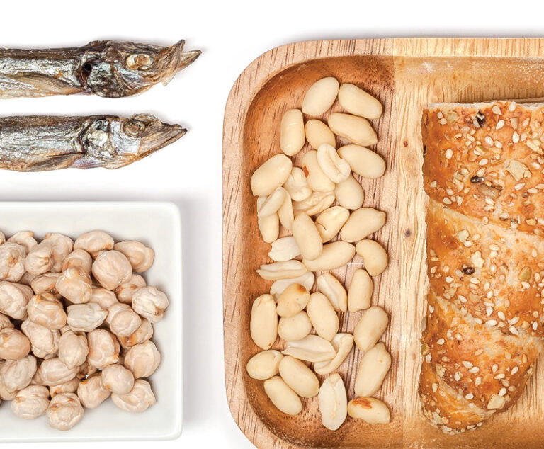 Photo of some of the top allergenic foods (peanuts, wheat, fish, sesame)