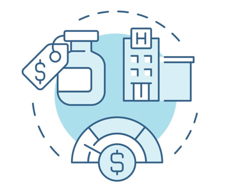 illustration of prescription, hospital and money gauge