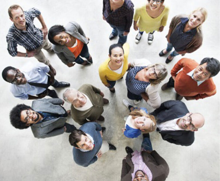 A picture of a group of professionals looking up